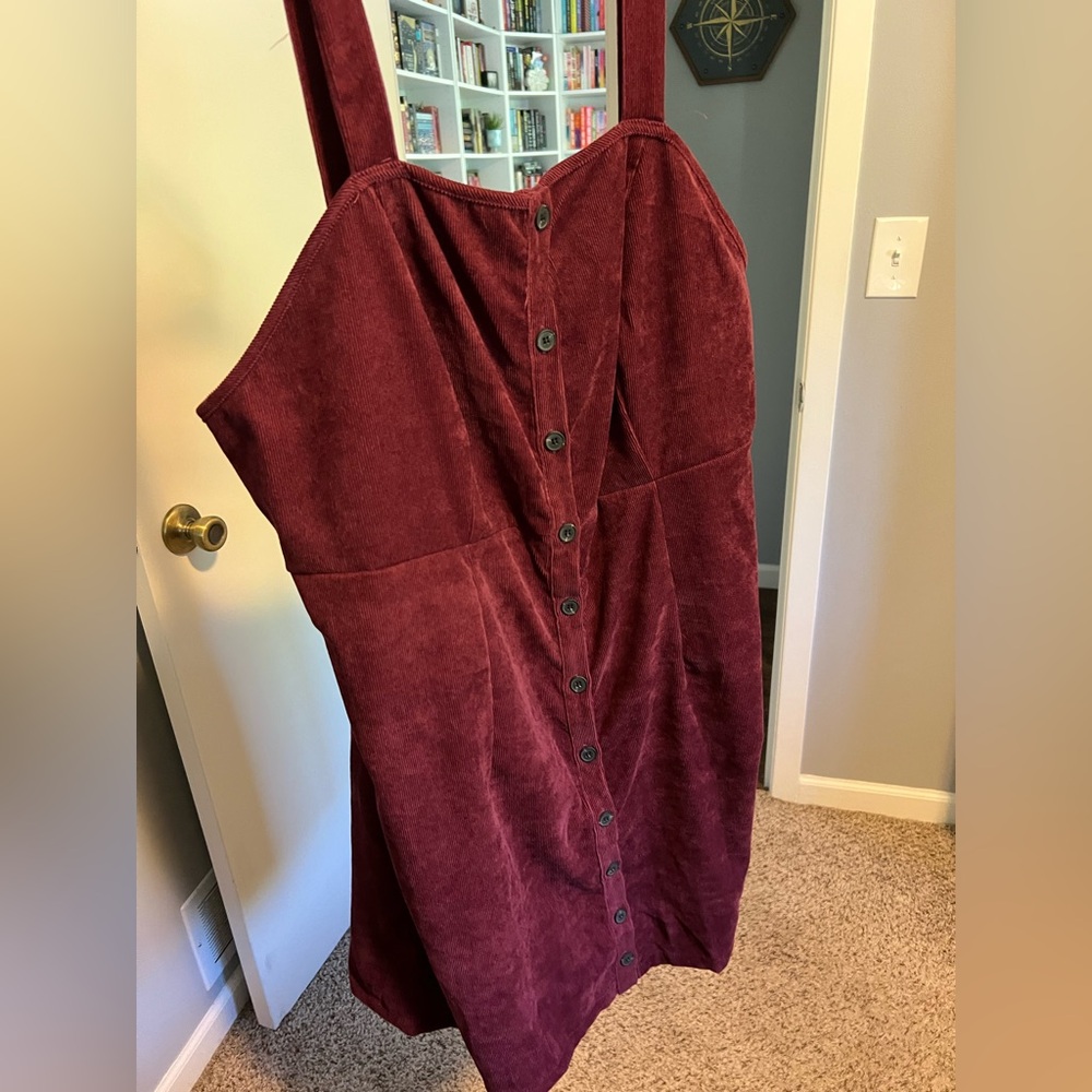 Shein Burgundy Corduroy Button-Front Pinafore Dress